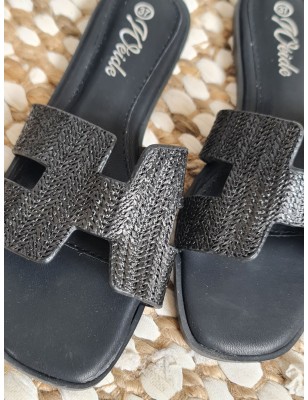 Mules femme Assia noires avec bride ajourée légèrement pailletée et effet tressé