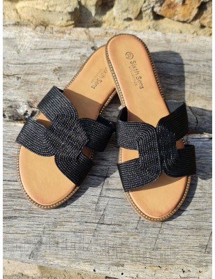 Mules femme Nora noires avec bride ajourée effet corde