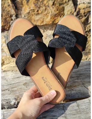 Mules femme Nora noires avec bride ajourée effet corde