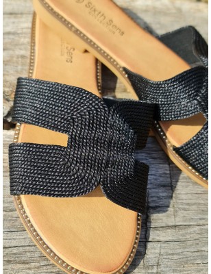 Mules femme Nora noires avec bride ajourée effet corde