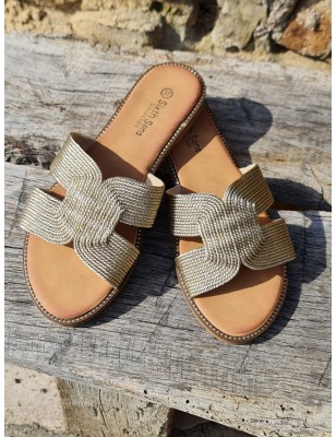 Mules femme Nora dorées avec bride ajourée effet corde