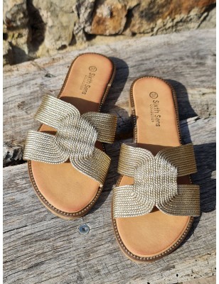 Mules femme Nora dorées avec bride ajourée effet corde