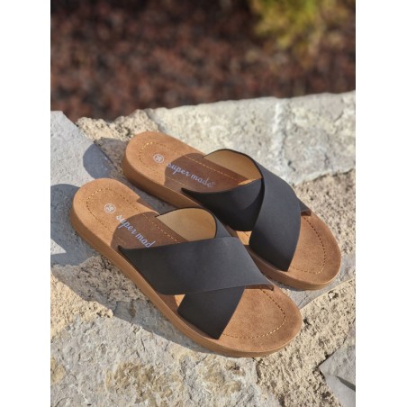 Mules femme Naomi noires avec grosses brides croisées effet mat