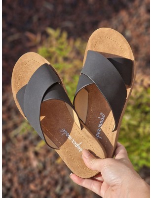 Mules femme Naomi noires avec grosses brides croisées effet mat