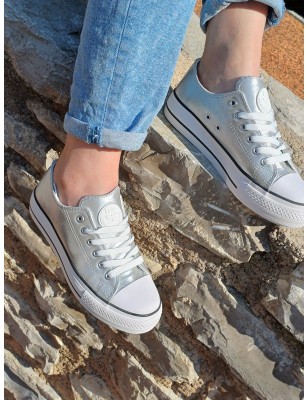 Baskets basses brillantes femme LPB Davia argent en simili irisé avec plateforme