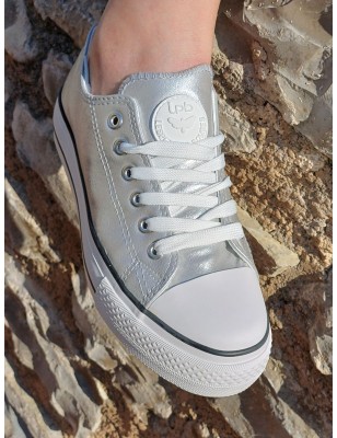 Baskets basses brillantes femme LPB Davia argent en simili irisé avec plateforme