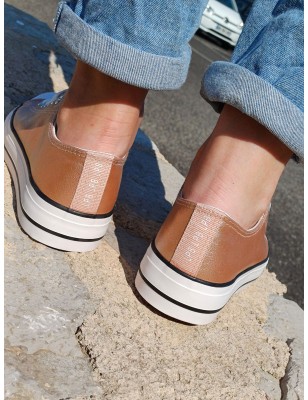 Baskets basses brillantes femme LPB Davia rose gold en simili irisé avec plateforme