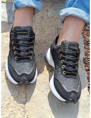 Baskets sneakers femme LPB Grace noires avec sequins et grosse semelle