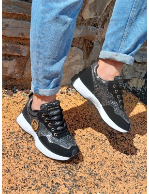 Baskets sneakers femme LPB Grace noires avec sequins et grosse semelle