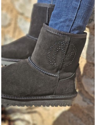 Boots fourrées femme Pepe Jeans Diss Gloss noires avec effet suédine et strass