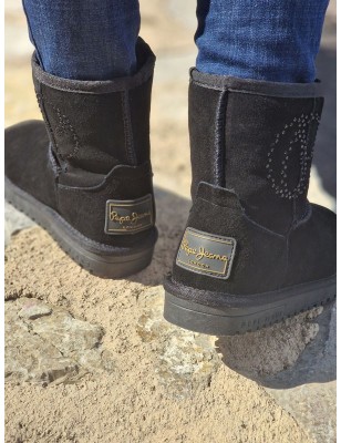 Boots fourrées femme Pepe Jeans Diss Gloss noires avec effet suédine et strass
