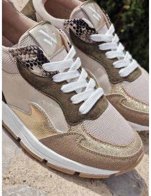 Baskets sneakers femme Vanessa Wu Arya beige et kaki multi-matières avec semelle légèrement compensée
