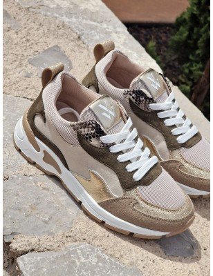 Baskets sneakers femme Vanessa Wu Arya beige et kaki multi-matières avec semelle légèrement compensée