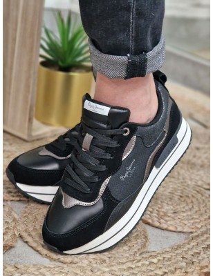 Baskets sneakers basses femme Pepe Jeans Rusper Nas noires multi-matières avec plateforme