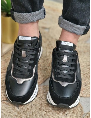 Baskets sneakers basses femme Pepe Jeans Rusper Nas noires multi-matières avec plateforme