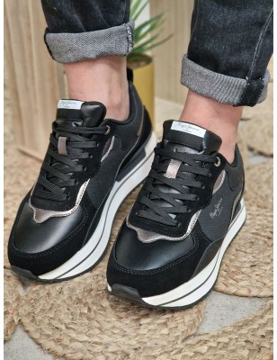 Baskets sneakers basses femme Pepe Jeans Rusper Nas noires multi-matières avec plateforme