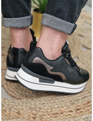 Baskets sneakers basses femme Pepe Jeans Rusper Nas noires multi-matières avec plateforme