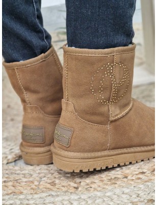 Boots fourrées femme Pepe Jeans Diss Gloss camel avec effet suédine et strass