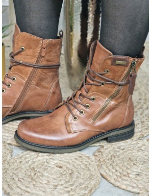 Bottines femme bi-matière Alyson camel avec lacets