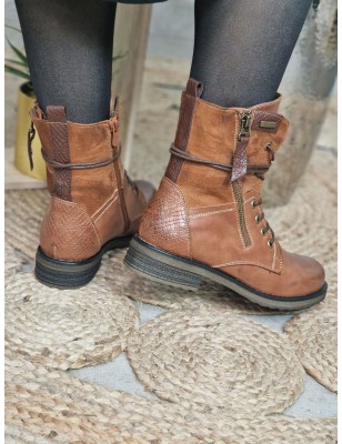 Bottines femme bi-matière Alyson camel avec lacets