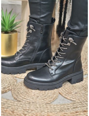 Bottines femme Lison noires avec lacets en strass