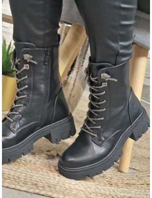 Bottines femme Lison noires avec lacets en strass