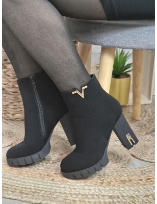Bottines à talon Margot noires effet suédine avec semelle crantée et détail doré