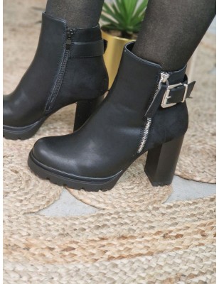 Bottines à talon Molly noires bi-matière avec boucle