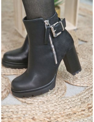 Bottines à talon Molly noires bi-matière avec boucle