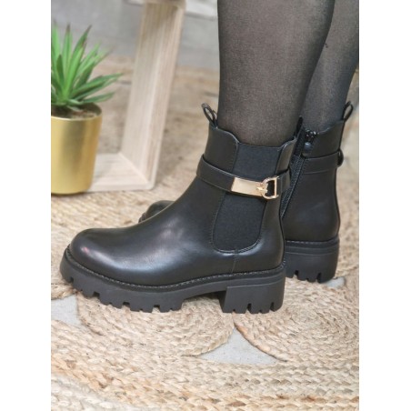 Bottines femme Mimi noires avec boucle dorée et semelle crantée