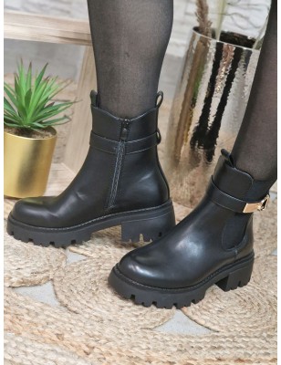Bottines femme Mimi noires avec boucle dorée et semelle crantée
