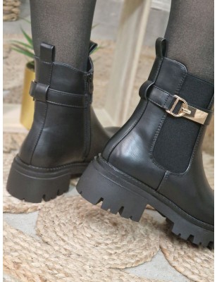 Bottines femme Mimi noires avec boucle dorée et semelle crantée