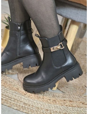Bottines femme Mimi noires avec boucle dorée et semelle crantée