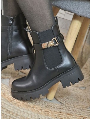 Bottines femme Mimi noires avec boucle dorée et semelle crantée