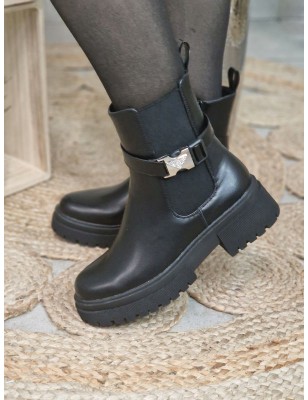 Bottines femme Mila noires avec boucle argentée et strass