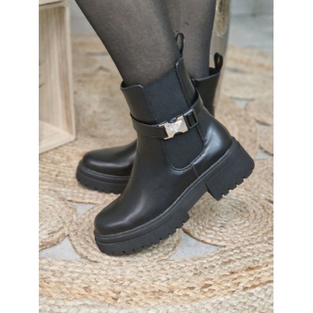Bottines femme Mila noires avec boucle argentée et strass