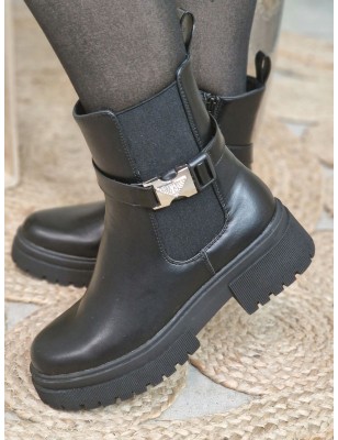 Bottines femme Mila noires avec boucle argentée et strass