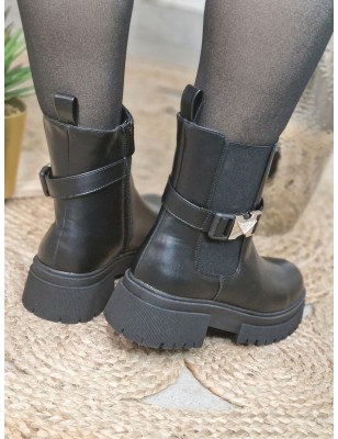 Bottines femme Mila noires avec boucle argentée et strass
