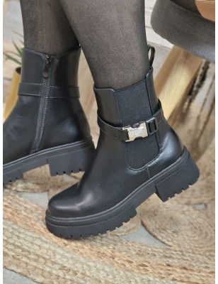 Bottines femme Mila noires avec boucle argentée et strass
