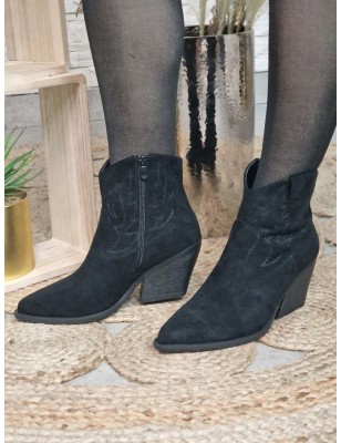 Bottines style santiag Amelie noires avec effet suédine et coutures décoratives