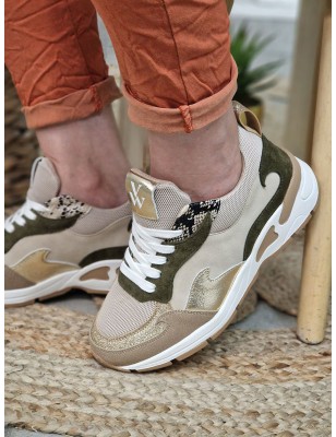 Baskets sneakers femme Vanessa Wu Arya beige et kaki multi-matières avec semelle légèrement compensée