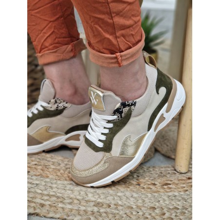 Baskets sneakers femme Vanessa Wu Arya beige et kaki multi-matières avec semelle légèrement compensée