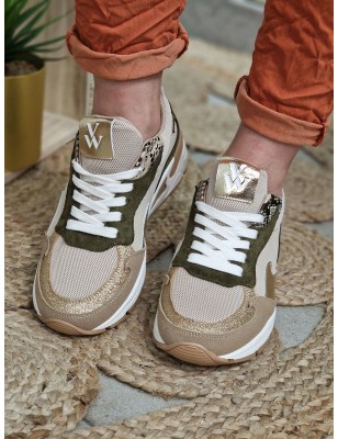 Baskets sneakers femme Vanessa Wu Arya beige et kaki multi-matières avec semelle légèrement compensée