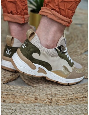 Baskets sneakers femme Vanessa Wu Arya beige et kaki multi-matières avec semelle légèrement compensée