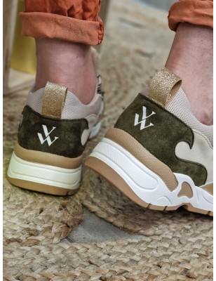 Baskets sneakers femme Vanessa Wu Arya beige et kaki multi-matières avec semelle légèrement compensée