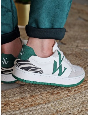 Baskets basses femme Vanessa Wu Esmee vertes bi-matières avec motif zébré effet poil