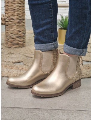 Bottines femme Alba dorées avec contrefort pailleté et ruban décor