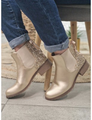 Bottines femme Alba dorées avec contrefort pailleté et ruban décor