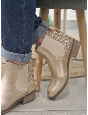 Bottines femme Alba dorées avec contrefort pailleté et ruban décor
