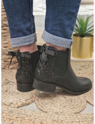 Bottines femme Alba noires avec contrefort pailleté et lacet
